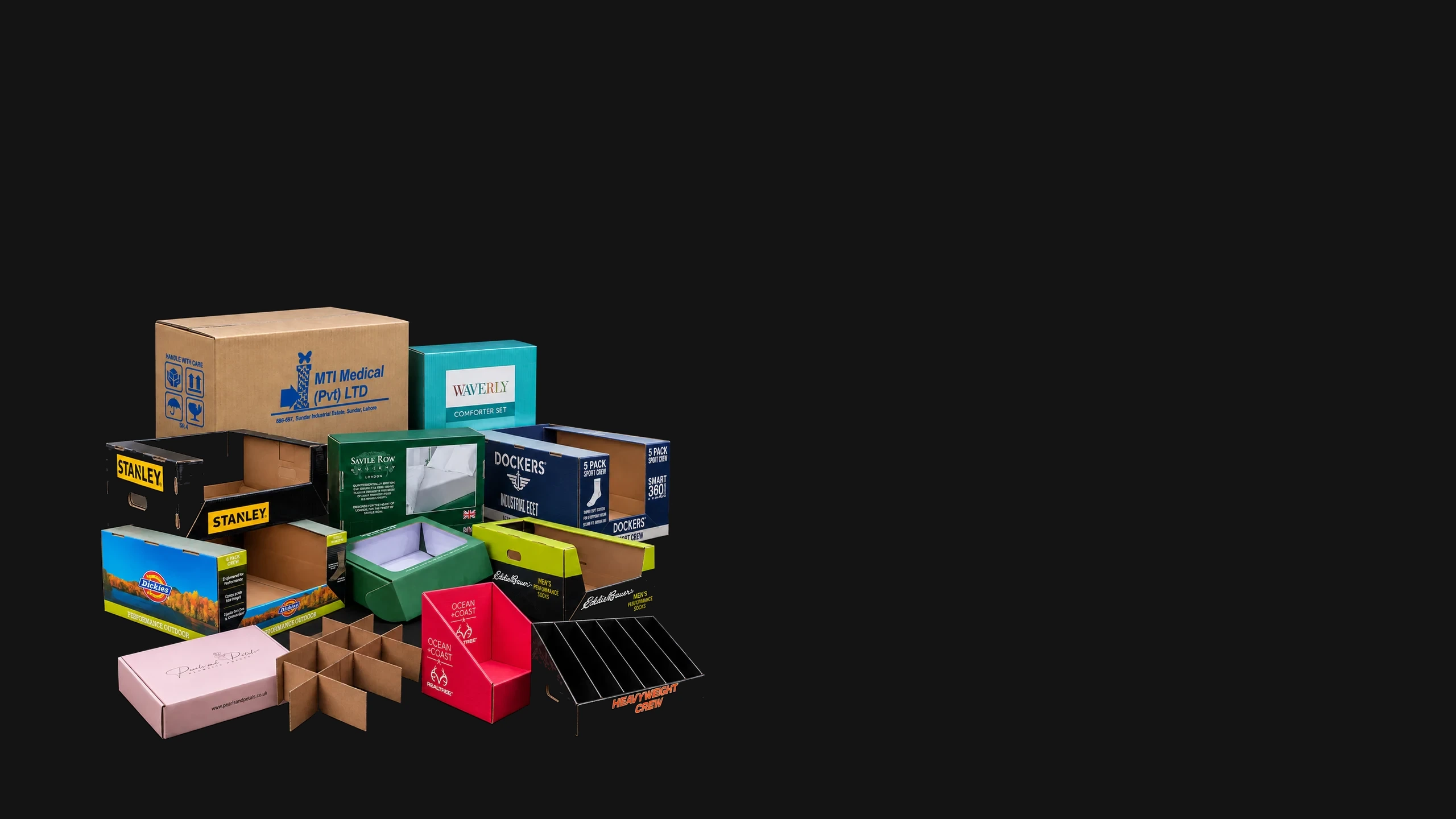 A range of corrugated shipping cartons, mailers, printed retail display trays, sloped counter displays and inserts
